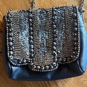 ECOTE ladies small beaded sequin black handbag, long chain handle